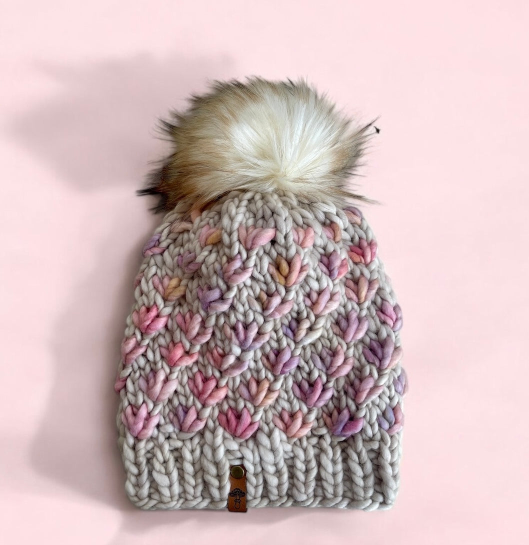 Lotus Flower Knit Beanie, Super Bulky, Pink on Fog with Pom