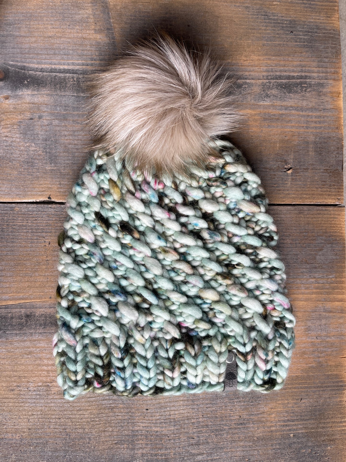 Meta Knit Beanie, Super Bulky, Green Speckles, with Pom