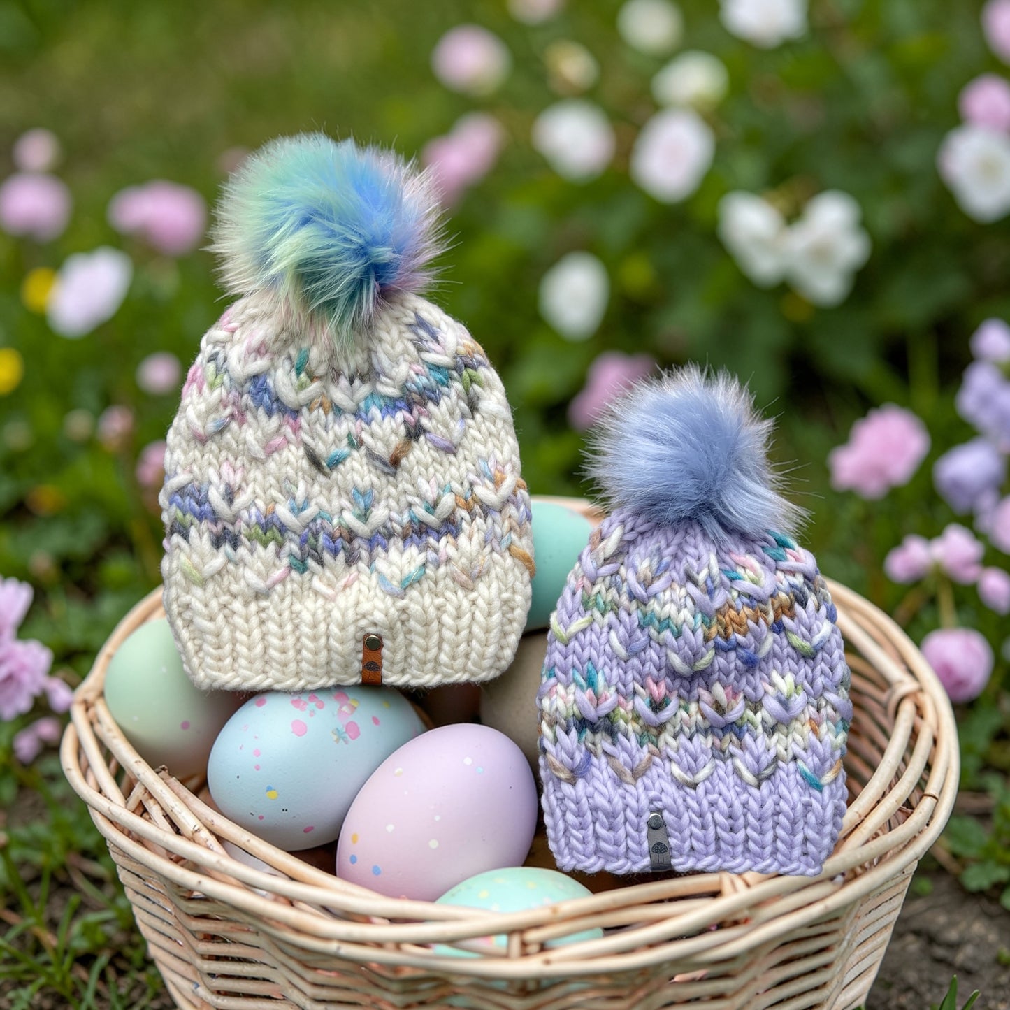Mother + Daughter Beanie Set, Super Bulky, Lavender Multi with Pom