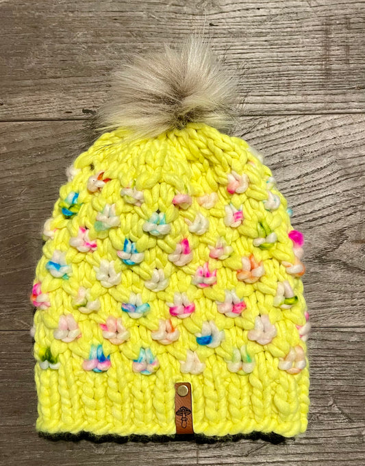 Arbor Knit Beanie, Super Bulky, Multi on Neon Yellow with Pom