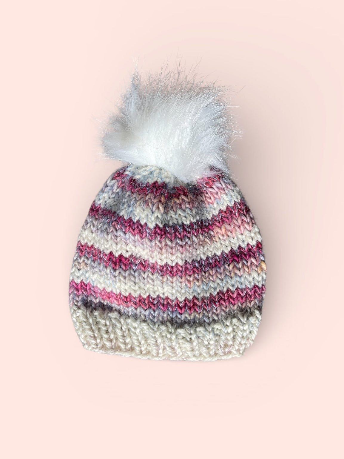 Baby Knit Beanie, Lightweight, Pink Stripes, with Pom, 0-12 Mo