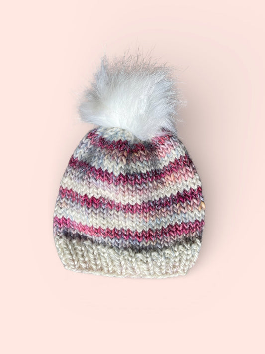 Baby Knit Beanie, Lightweight, Pink Stripes, with Pom, 0-12 Mo