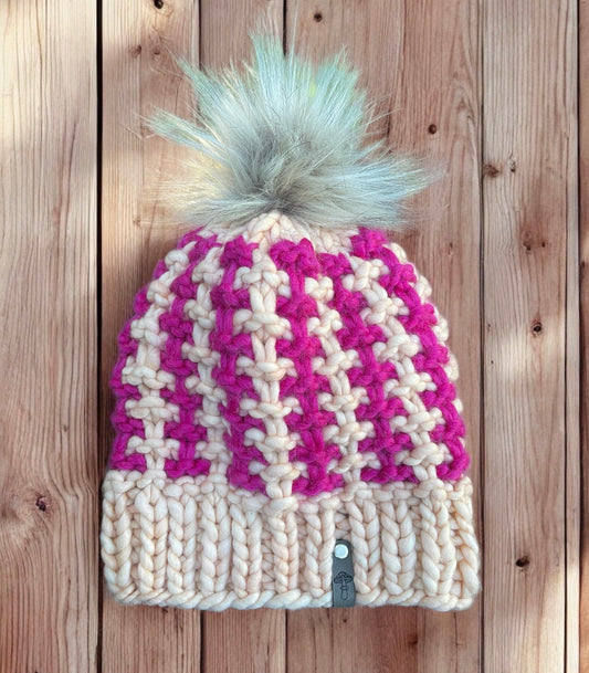 Poise Knit Beanie, Super Bulky, Pinks with Pom