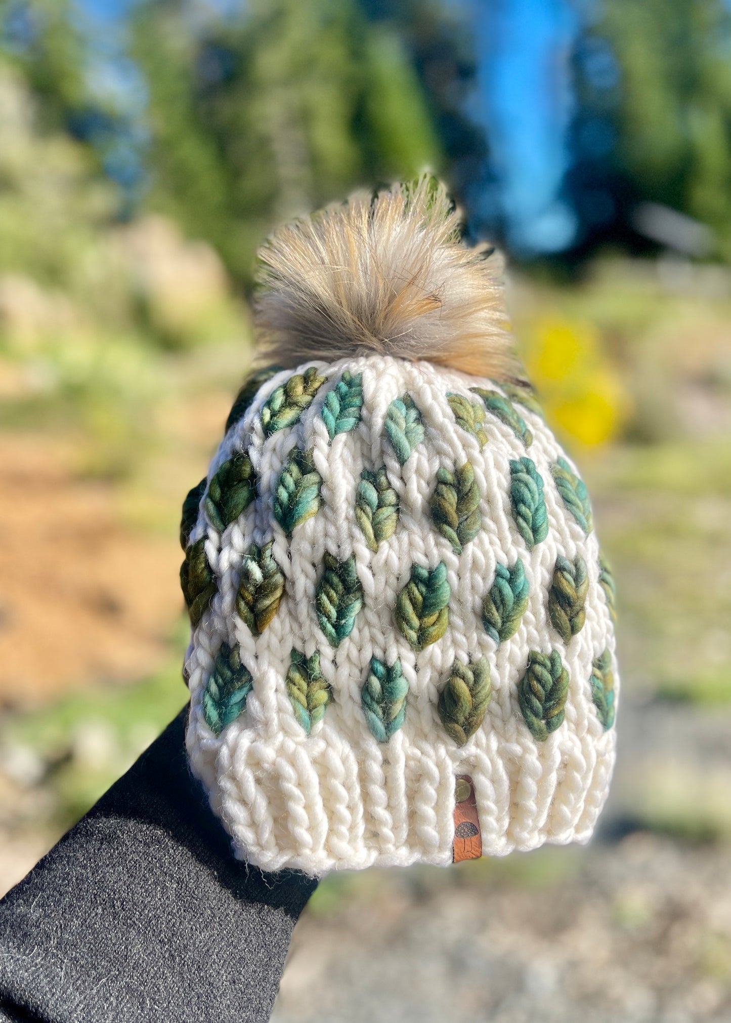 A New Leaf Knit Beanie, Super Bulky, Green on Natural with Pom