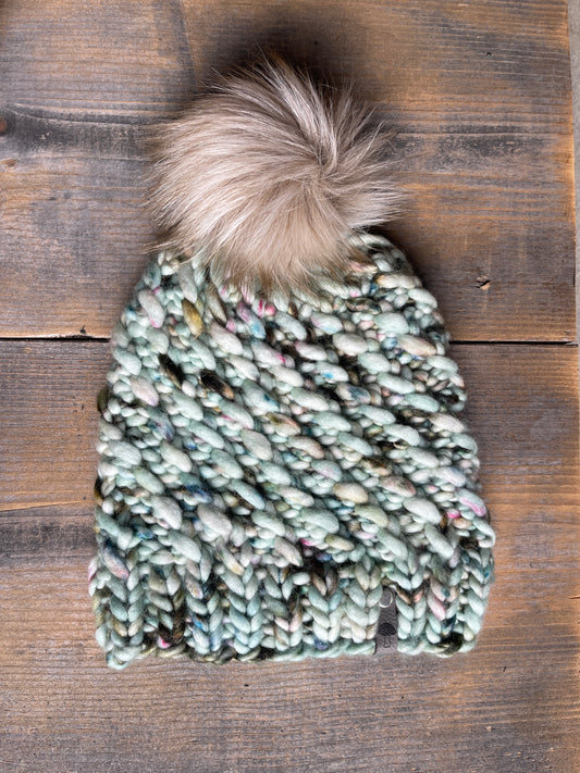 Meta Knit Beanie, Super Bulky, Green Speckles, with Pom
