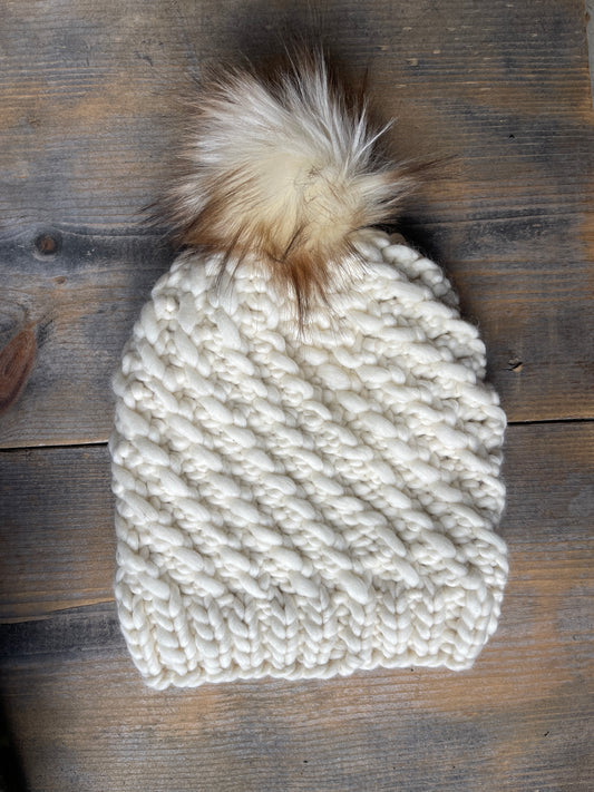 Meta Knit Beanie, Super Bulky, Natural, with Pom