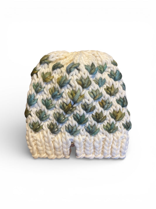 Lotus Flower Knit Beanie, Super Bulky, Gray Green on Natural