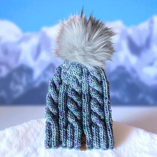 Cable Knit Beanie, Lightweight, Sky Blue with Pom