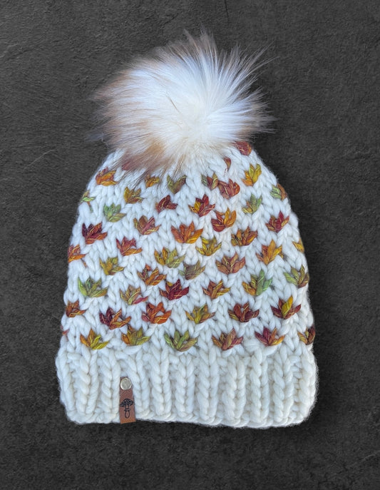 Lotus Flower Knit Beanie, Super Bulky, Fall Colors with Pom