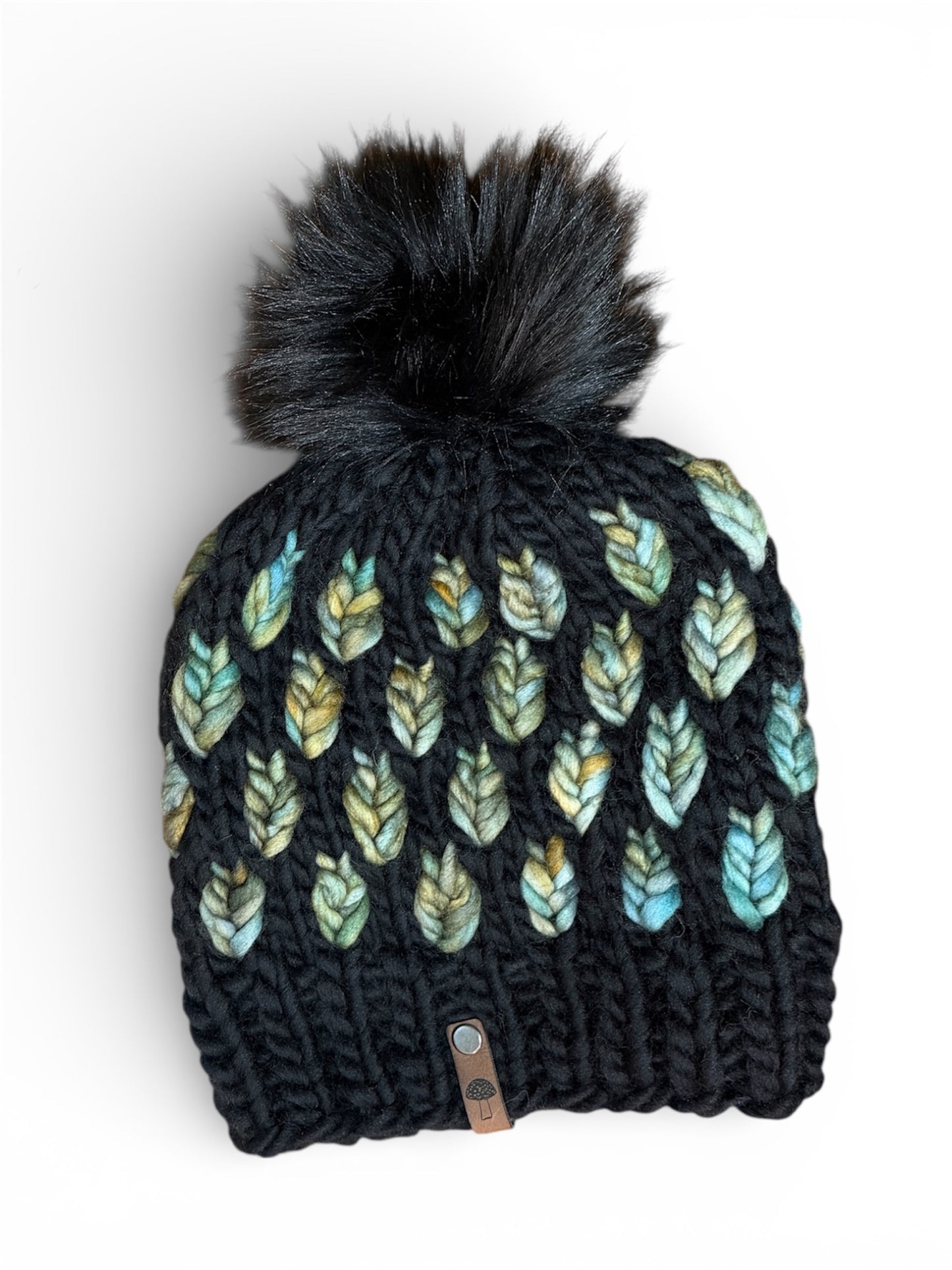 A New Leaf Knit Beanie, Super Bulky, Green on Black with Pom