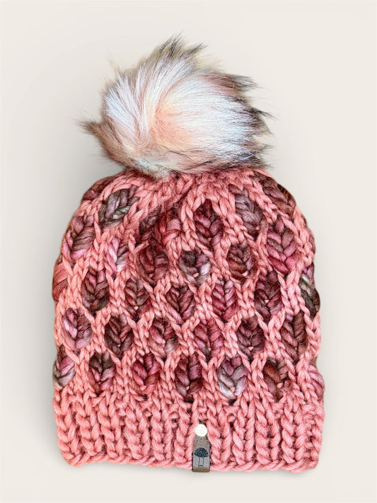 A New Leaf Knit Beanie, Super Bulky, Dusty Red on Rose with Pink Pom