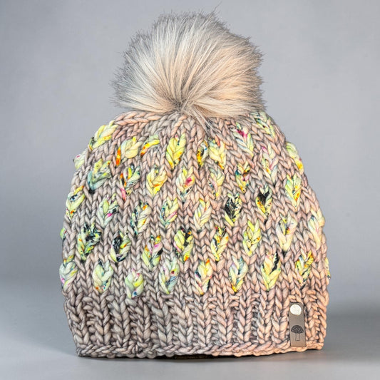 A New Leaf Knit Beanie, Super Bulky, Multi / Yellow on Gray with Pom
