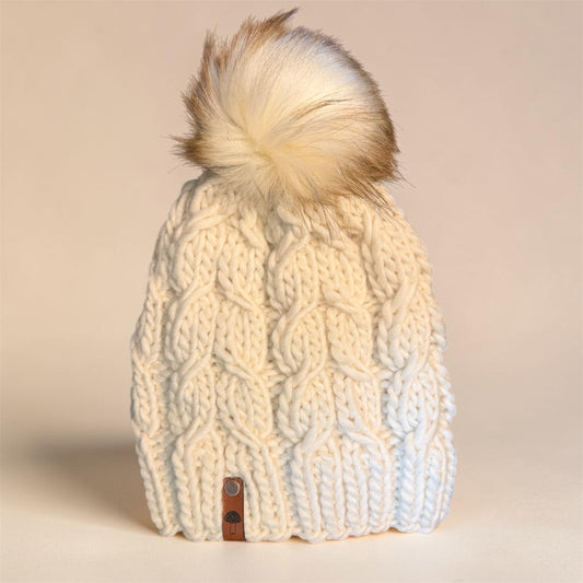 Sugar Twist Knit Beanie, Super Bulky, Natural with Pom