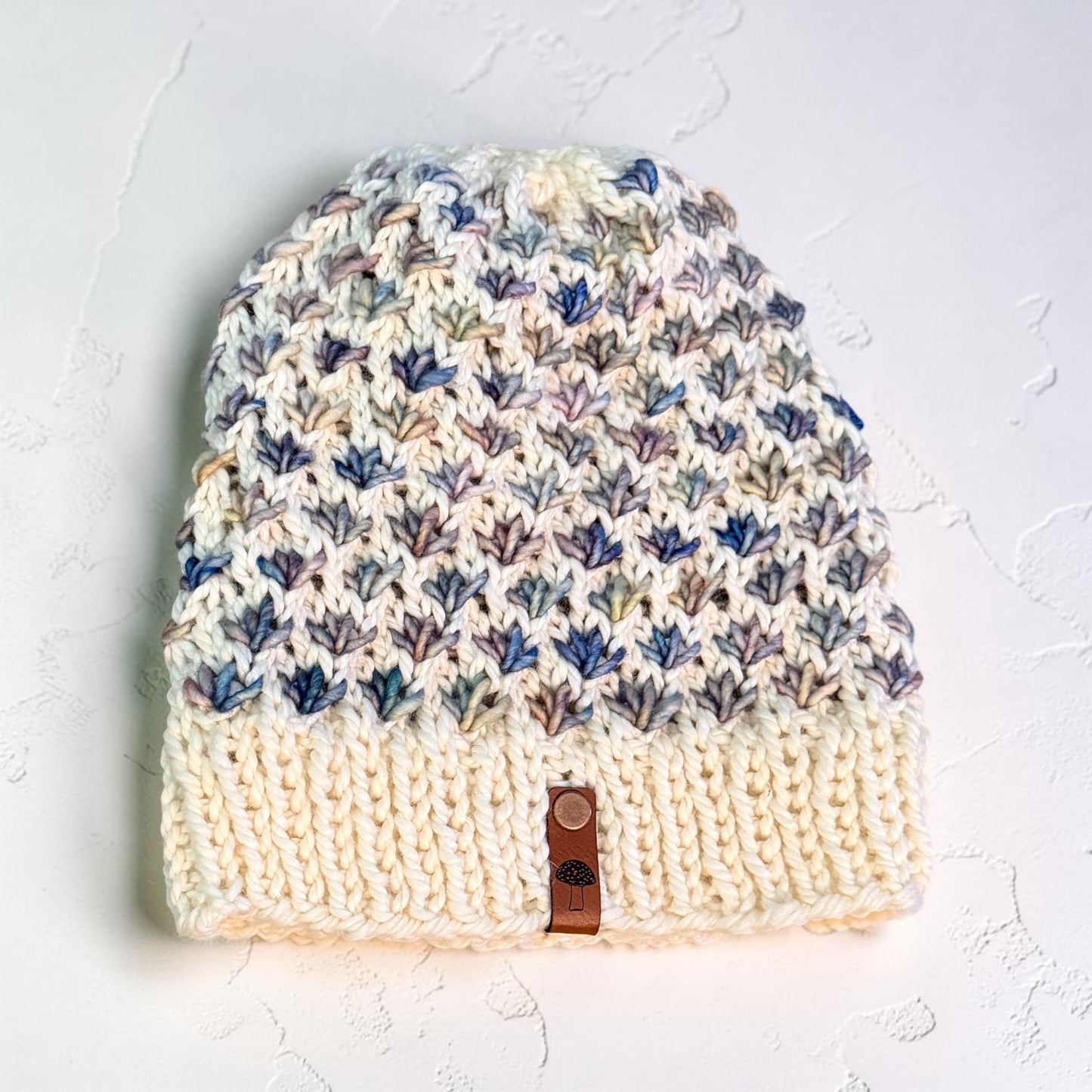 Lotus Flower Knit Beanie, Lightweight, Multi Pastel Rainbow on Natural