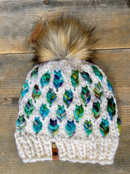 A New Leaf Knit Beanie, Super Bulky, Green on Natural with Pom