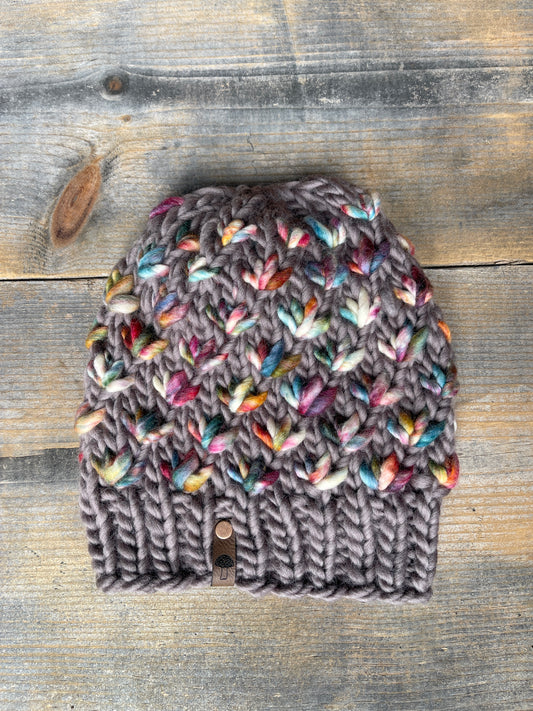 Lotus Flower Knit Beanie, Super Bulky, Multi on Gray