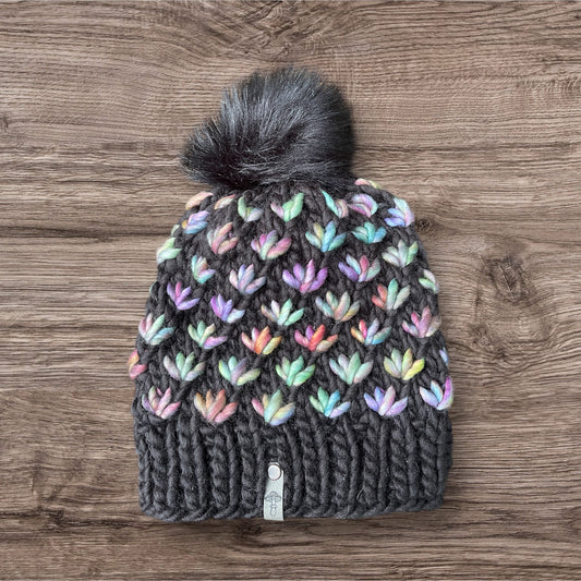 Lotus Flower Knit Beanie, Super Bulky, Rainbow on Black with Pom