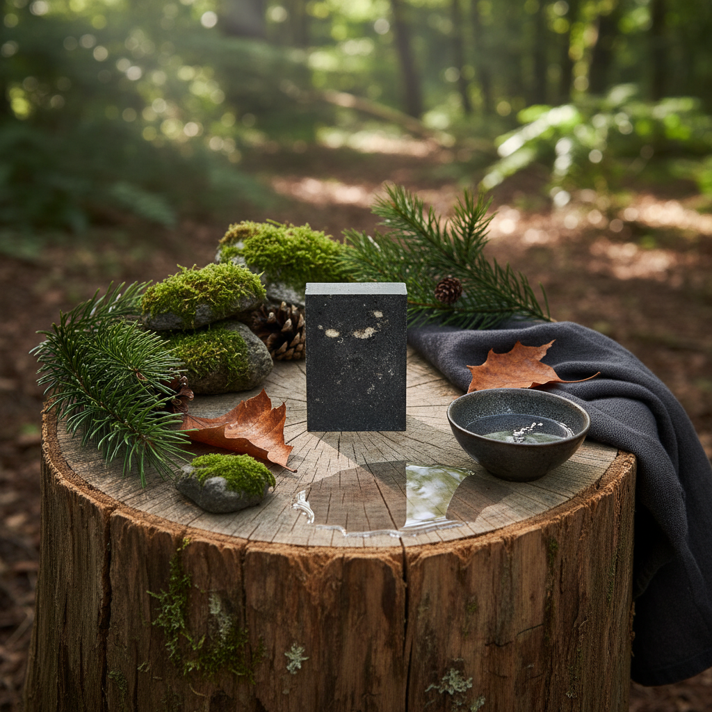 The Woodsman charcoal soap in rustic woodland setting